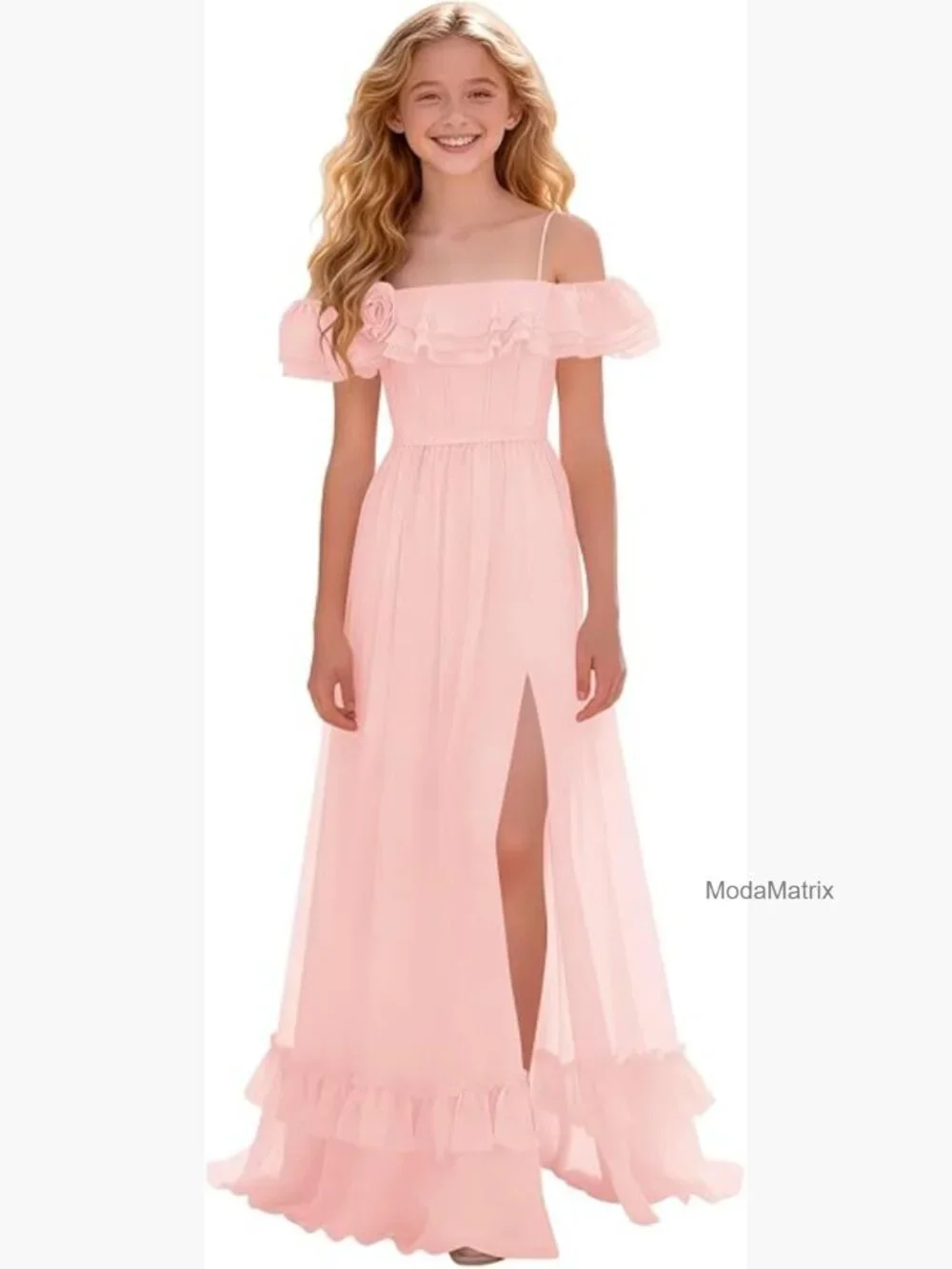 Junior Bridesmaid Dress Off-Shoulder Chiffon Floor-Length Side Slit